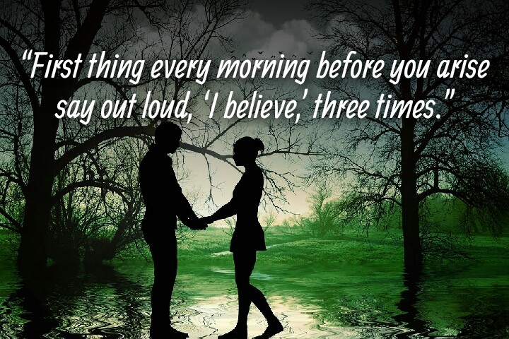 a couple with romantic mood in greenery written morning quotes
