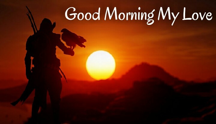 rising sun with a man keep eagle in hand wishes good morning